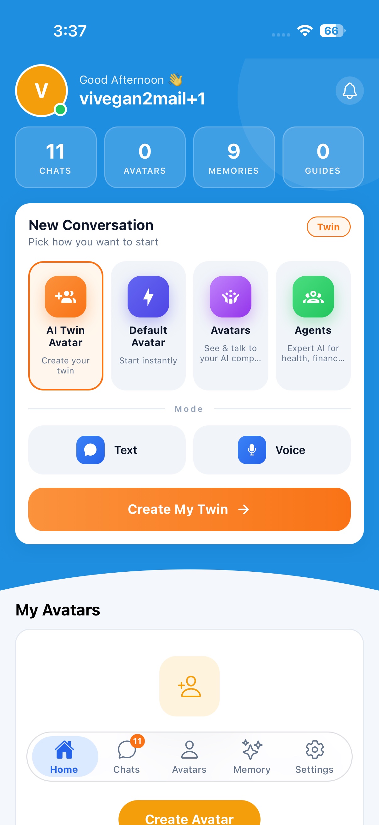 Sybo.ai home dashboard — greeting, conversation modes, avatars, recent conversations and memory