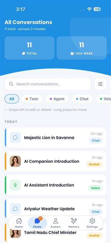 Sybo.ai Conversations screen — every chat, voice and avatar session