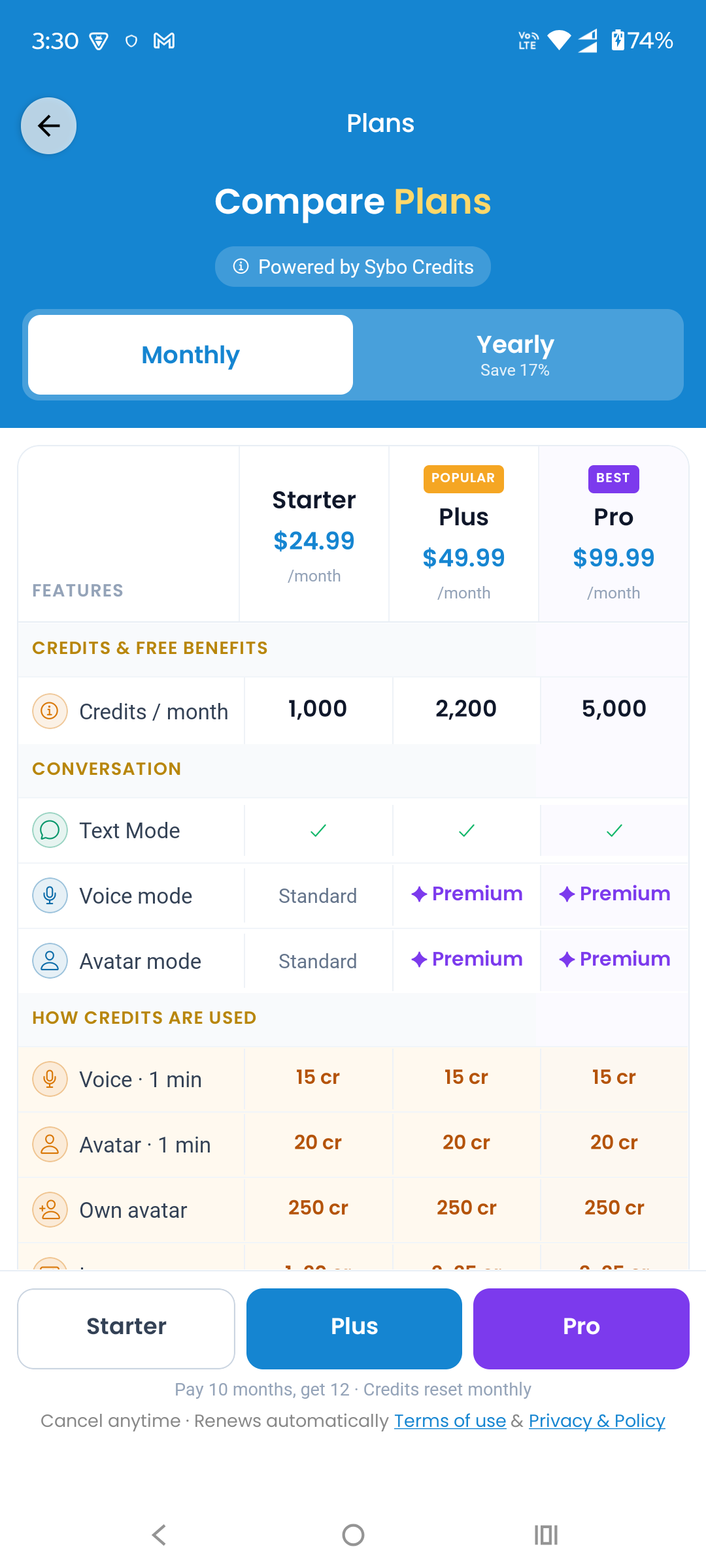 Sybo.ai Android Compare Plans screen — Starter $24.99, Plus $49.99 and Pro $99.99 per month, with credits and modes for each plan