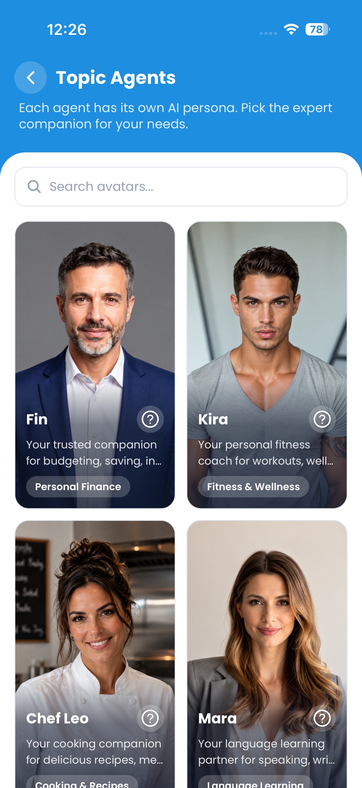 Sybo.ai Choose Your Avatar screen — pick your companion from 1000+ avatars, filtered by professional, casual or age range