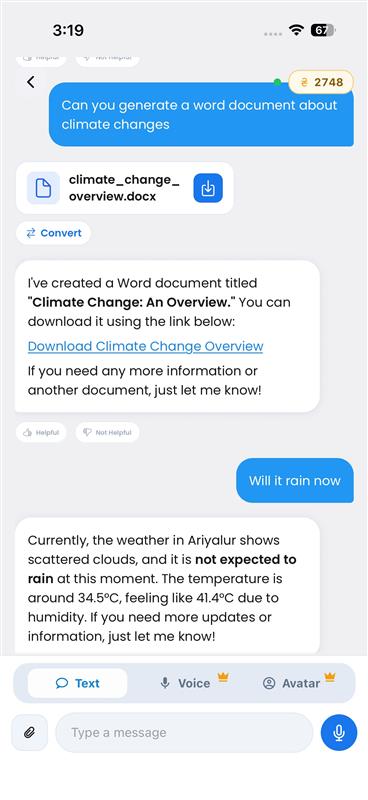 Sybo.ai text conversation screen — live chat session with message bubbles and Text, Voice and Avatar modes