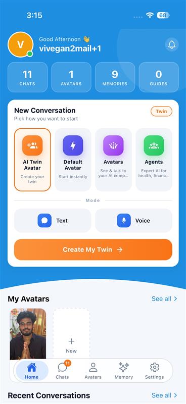 Sybo.ai home dashboard — greeting, conversation modes, avatars and recent conversations in one place