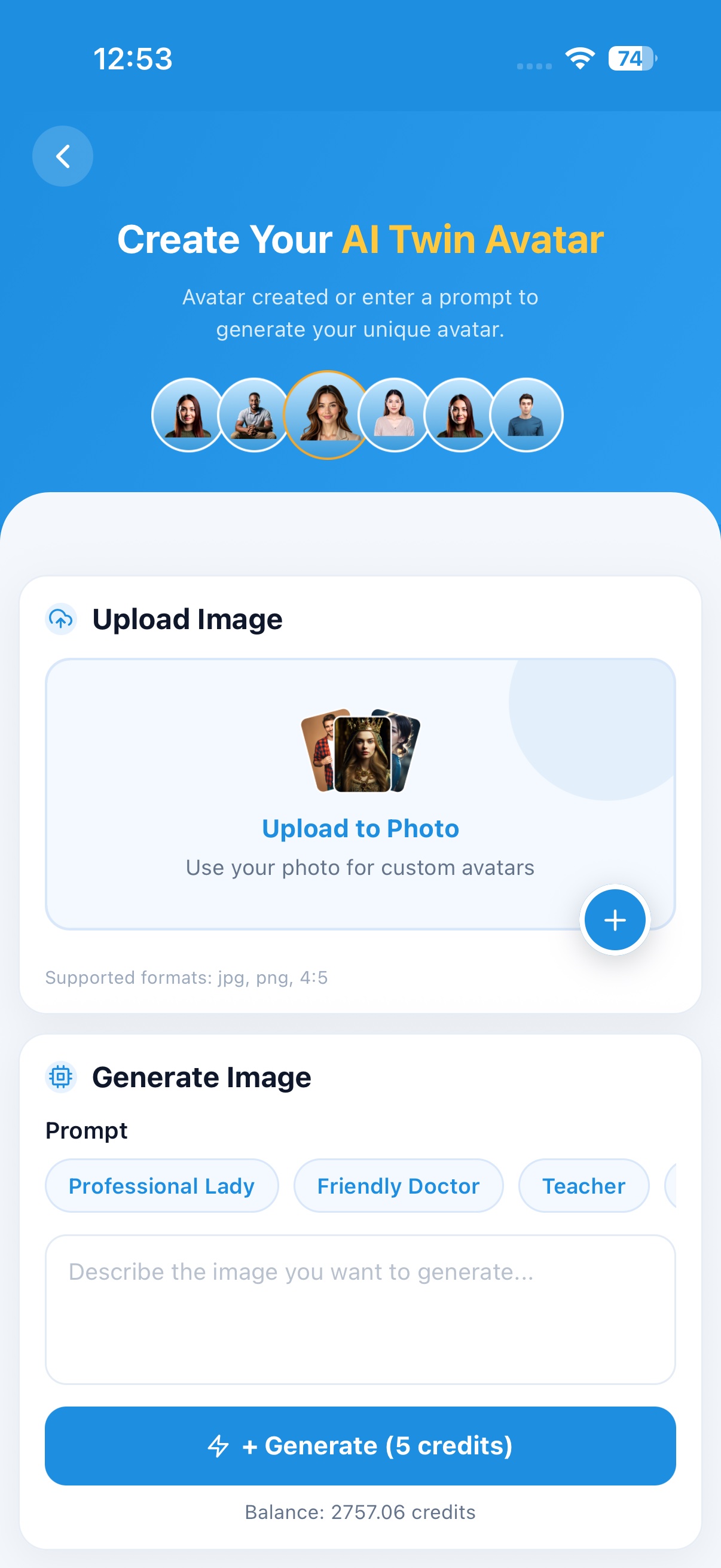 Sybo.ai custom avatar creation screen — upload a photo, generate a look, or describe your AI companion in words