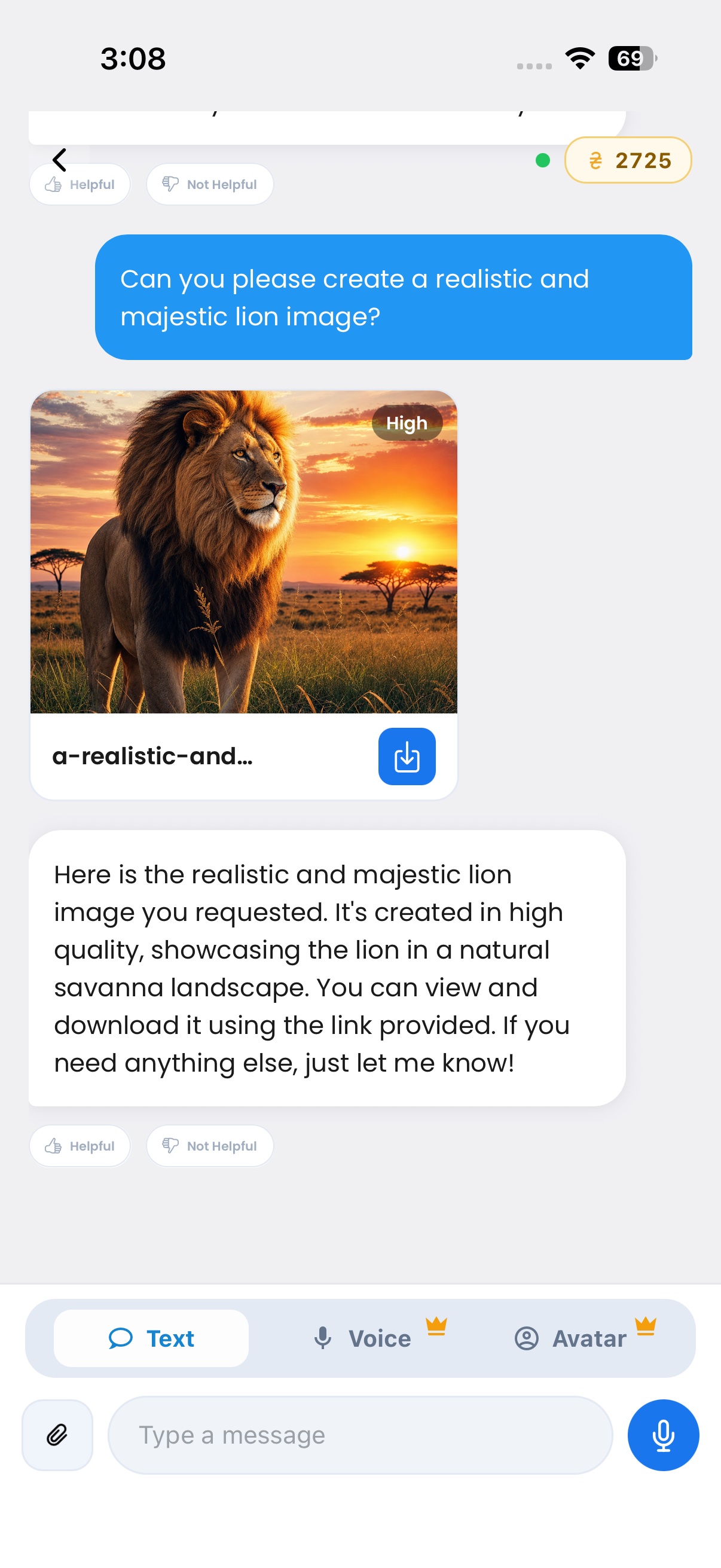 Sybo.ai chat generating an image &mdash; a lion picture created from the message &lsquo;create a realistic and majestic lion image&rsquo;, ready to save