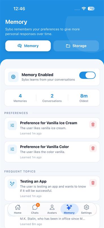 Sybo.ai Memory screen — Sybo remembers your preferences to give more personal responses over time