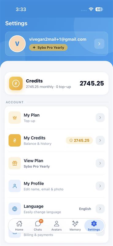 Sybo.ai Settings screen — account, plan, tokens, profile, language and preferences