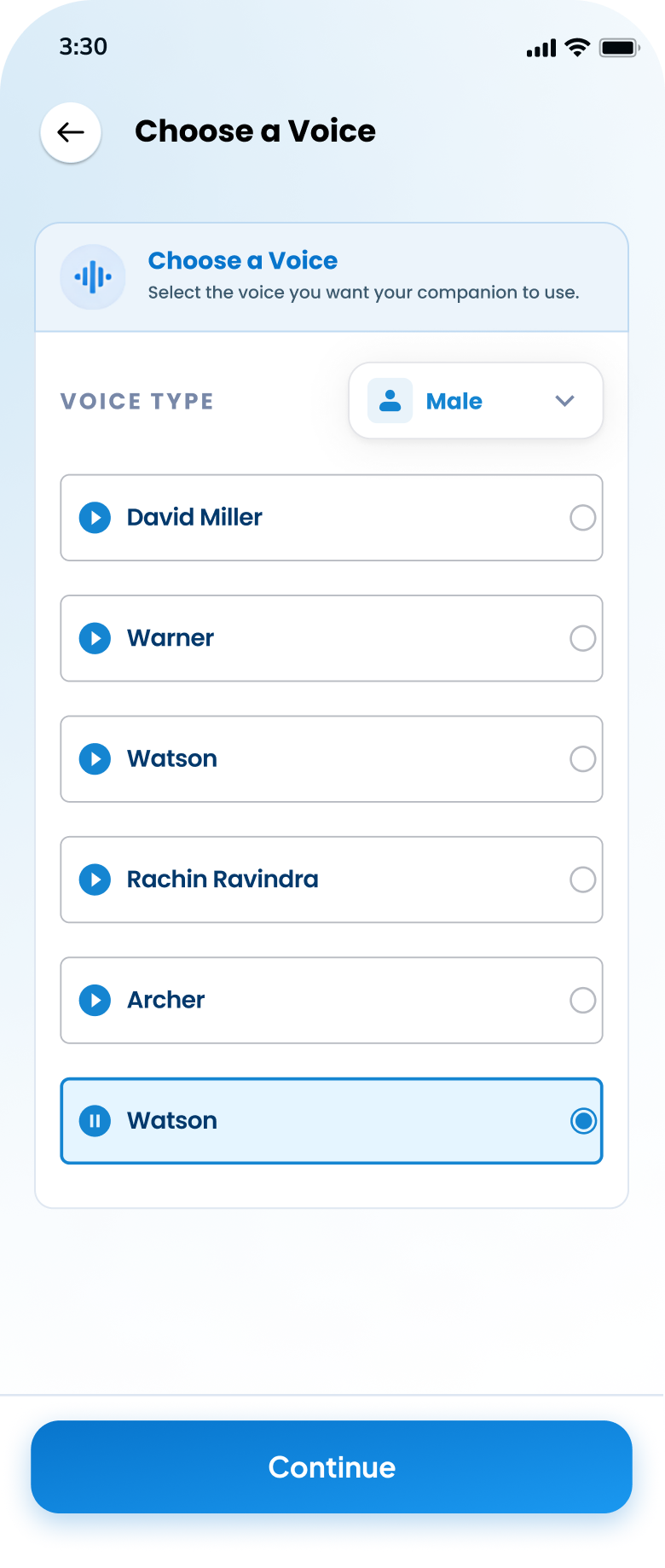 Sybo.ai Choose a Voice screen — preview and select the voice your AI companion speaks with