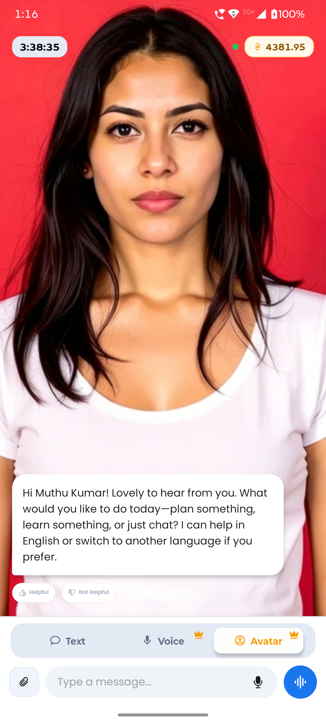 Sybo.ai live avatar session — a lifelike AI companion on video, with text, voice and avatar modes below