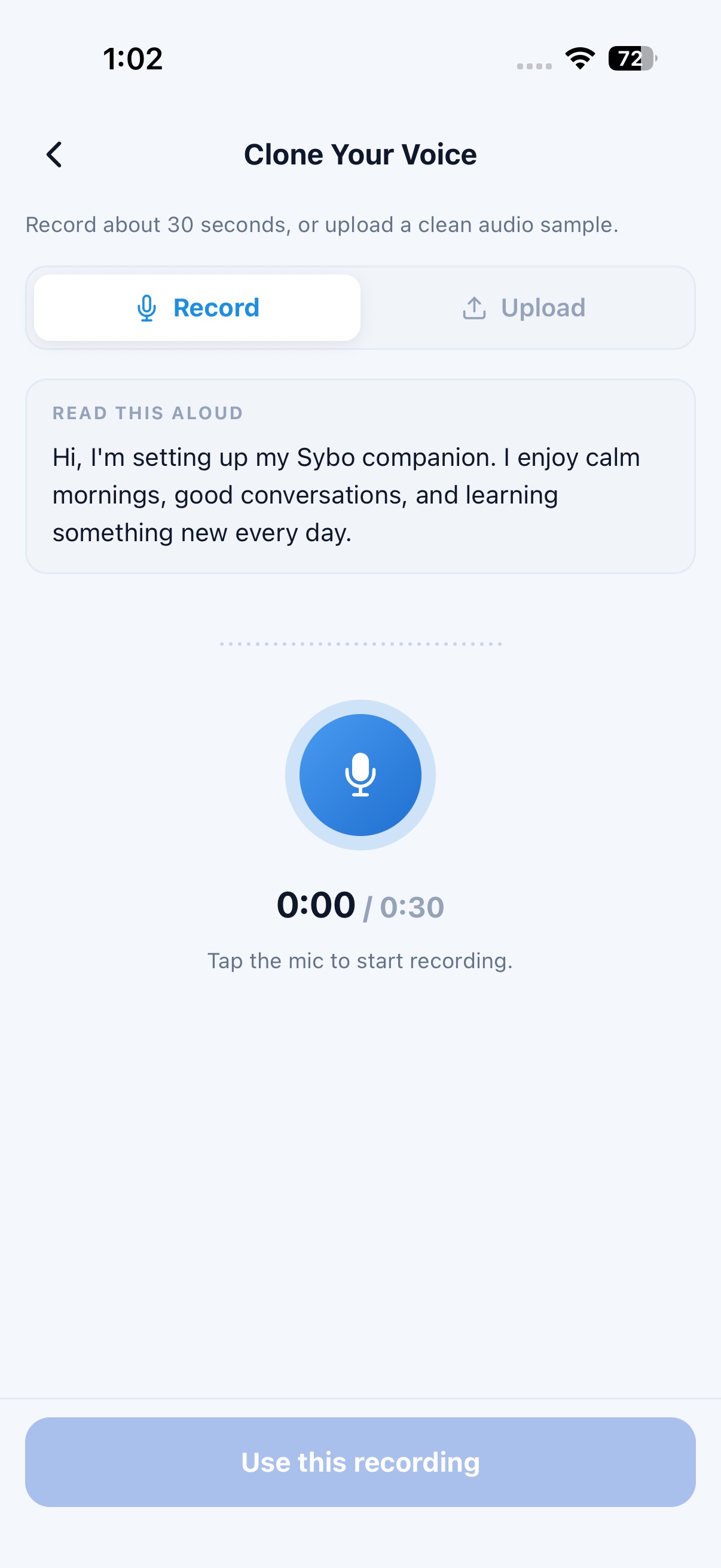 Sybo.ai voice cloning screen — record a short sample to create a cloned voice so your companion speaks in your own voice