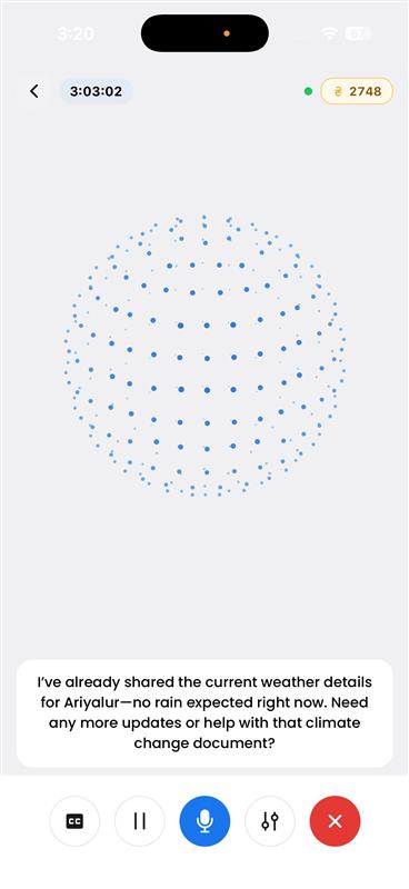 Sybo.ai voice mode screen — a live hands-free voice conversation with your AI companion
